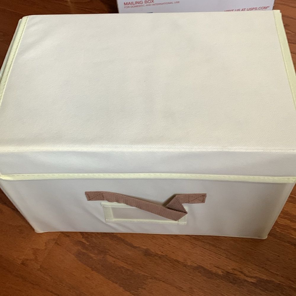 Four Piece foldable storage bins for office or home in beige.  15X10X10